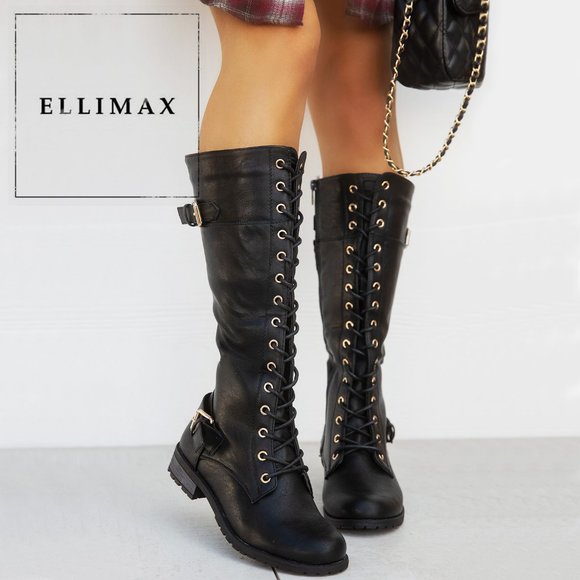 NEW Black Lace Up Military Combat Moto Boots Round Toe Knee High Low Block Heel - Picture 1 of 7